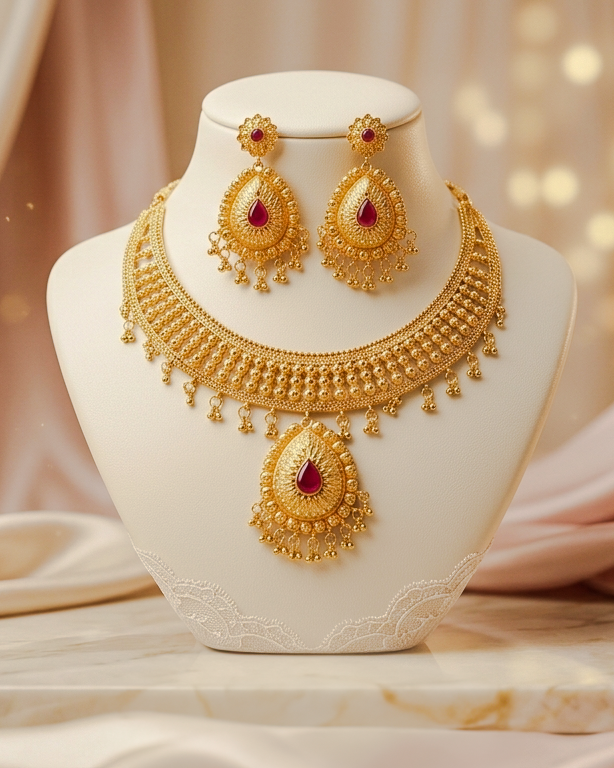 Royal Ruby Drop Gold Necklace Set Royal Ruby Drop Gold Necklace Set - Image 1