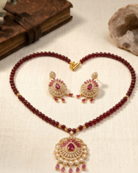 Ruby & Diamond Gold Pendant Set – Ethnic Bridal Jewelry with Earrings - Image 3