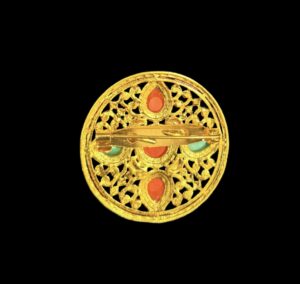 Tibetan Buddhist Gold-Plated Ghau Brooch – Prayer Box Pendant with Turquoise & Coral Stones - Image 2