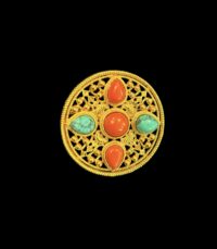 Tibetan Buddhist Gold-Plated Ghau Brooch – Prayer Box Pendant with Turquoise & Coral Stones