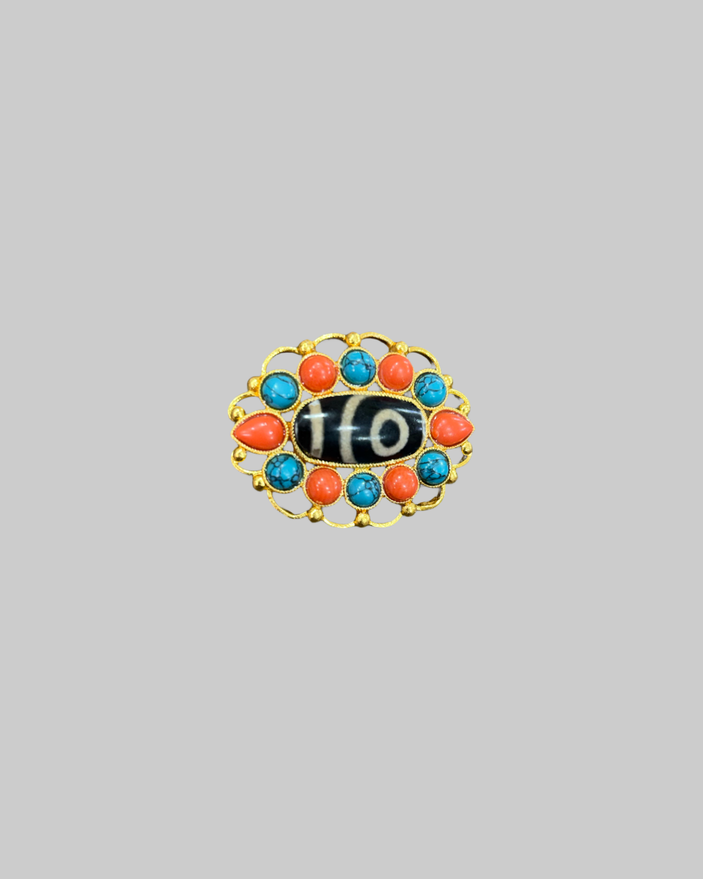 Tibetan Dzi Bead Brooch with Turquoise & Coral Accents Agate Stone Gold-Tone Pin front Tibetan Dzi Bead Brooch with Turquoise & Coral Accents | Agate Stone Gold-Tone Pin - Image 1