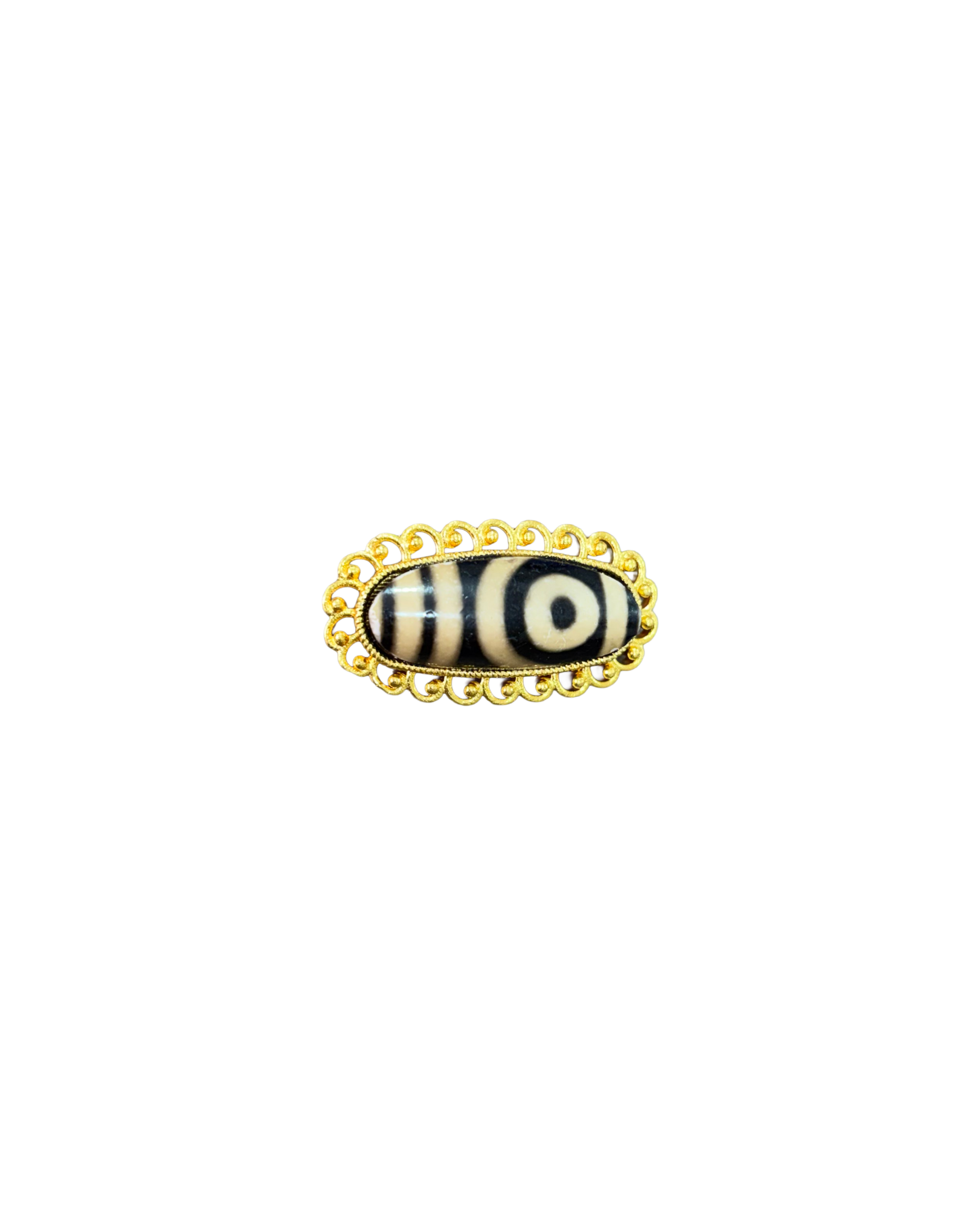 Tibetan Dzi Bead Brooch – Gold-Toned Frame, Vintage-Inspired Statement Pin front Tibetan Dzi Bead Brooch – Gold-Toned Frame, Vintage-Inspired Statement Pin - Image 1