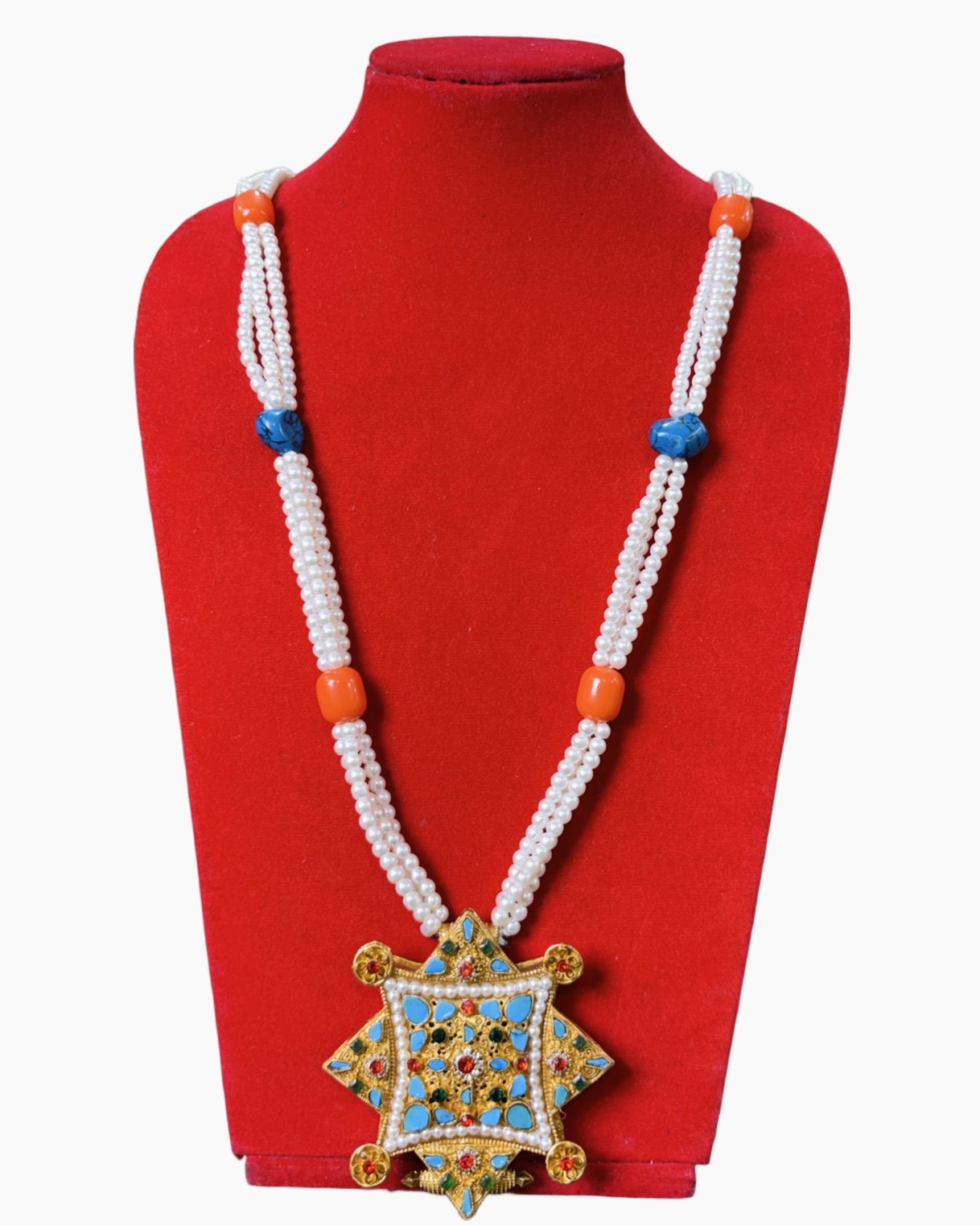 Tibetan Ghau Mala Necklace with Gold-Plated Ghau Amulet, Turquoise & Coral Inlay Tibetan Ghau Mala Necklace with Gold-Plated Ghau Amulet, Turquoise & Coral Inlay - Image 1