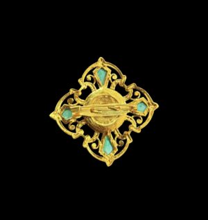 Tibetan Gold-Plated Ghau Brooch with Turquoise & Coral - Image 2