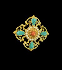 Tibetan Gold-Plated Ghau Brooch with Turquoise & Coral