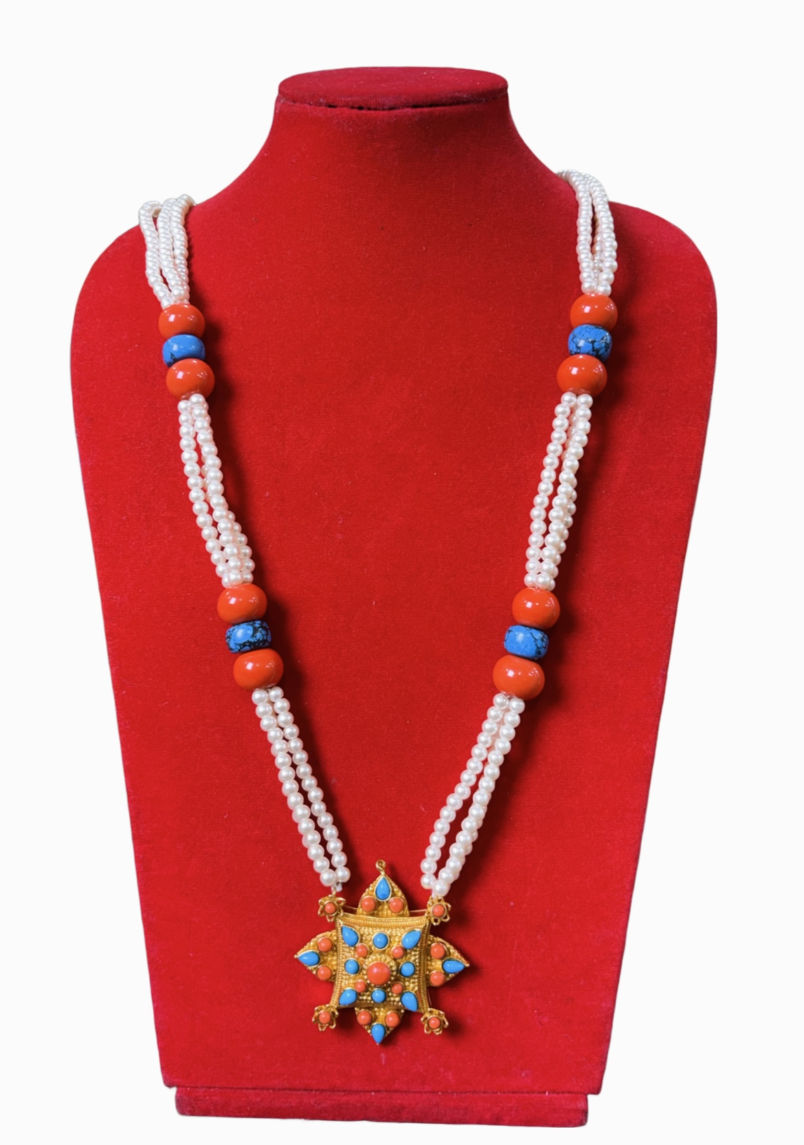 Tibetan Jhuru Necklace Gold-Toned Pendant with White Pearls, Red & Blue Beads Traditional Himalayan Jewelry Tibetan Jhuru Necklace | Gold-Toned Pendant with White Pearls, Red & Blue Beads | Traditional Himalayan Jewelry - Image 1