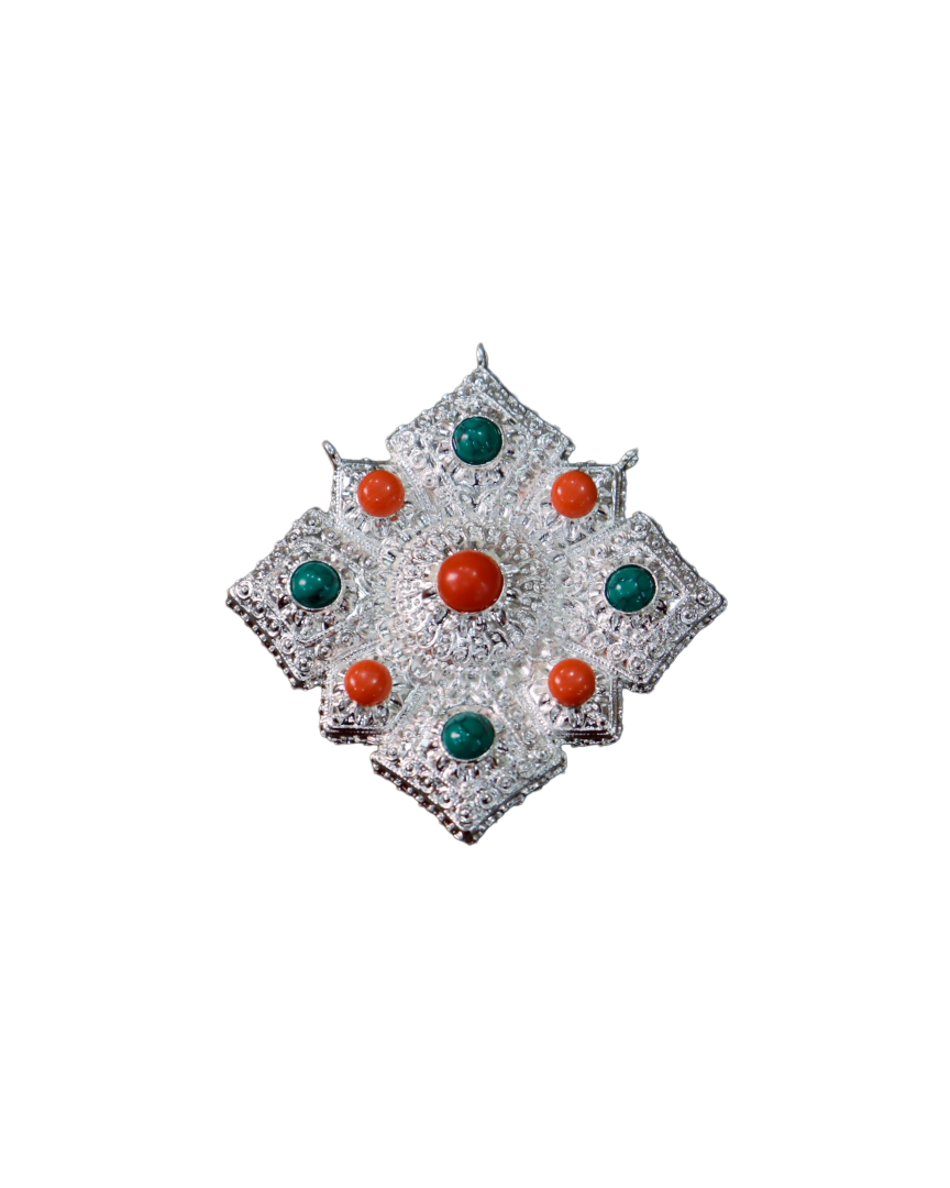 Tibetan Silver Ghau Amulet Prayer Box Pendant with Coral & Turquoise Inlays Tibetan Silver Ghau Amulet Prayer Box Pendant with Coral & Turquoise Inlays - Image 1