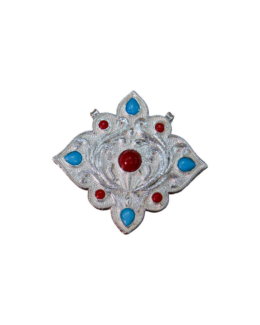 Tibetan Silver Ghau Prayer Box Pendant with Coral & Turquoise Stones Tibetan Silver Ghau Prayer Box Pendant with Coral & Turquoise Stones - Image 1