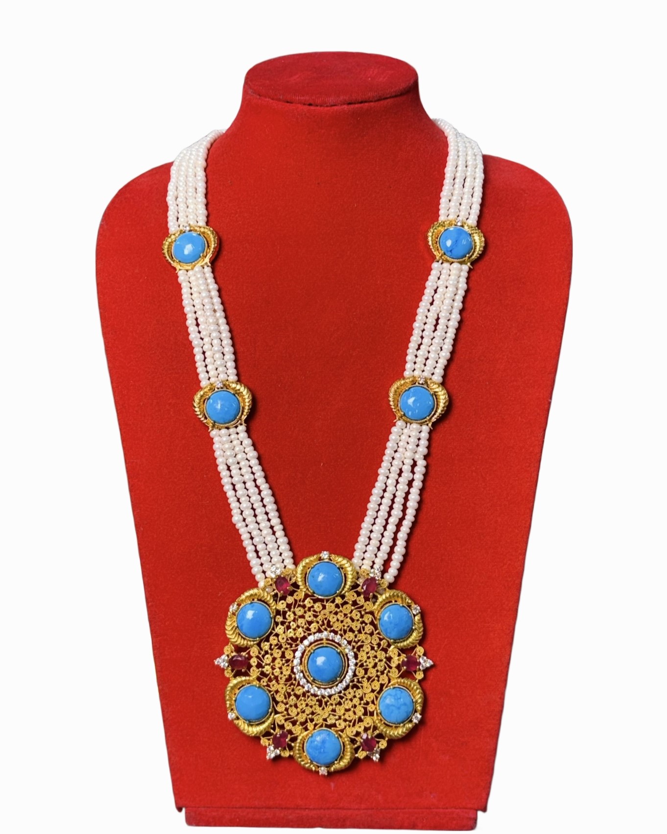Tibetan Turquoise & Pearl Necklace with Ghau Pendant Tibetan Turquoise & Pearl Necklace with Ghau Pendant - Image 1