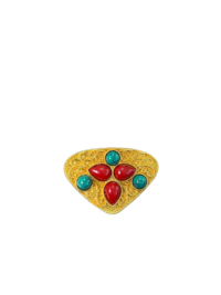 Tibetan or Nepalese-Style Gold-Tone Brooch with Coral & Turquoise