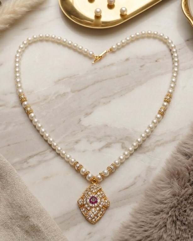 Traditional Glass Pearl Necklace Set with Kundan Pendant & Earrings Traditional Glass Pearl Necklace Set with Kundan Pendant & Earrings - Image 1