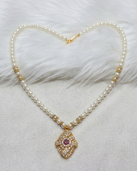 Traditional Glass Pearl Necklace Set with Kundan Pendant & Earrings - Image 2