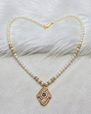 Traditional Glass Pearl Necklace Set with Kundan Pendant & Earrings - Image 2