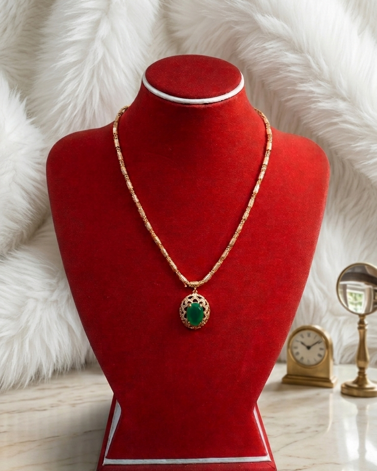 Traditional Gold Chain Necklace with Green Jade Pendant Handcrafted Style Ethnic Jewelry Traditional Gold Chain Necklace with Green Jade Pendant | Handcrafted Style Ethnic Jewelry - Image 1