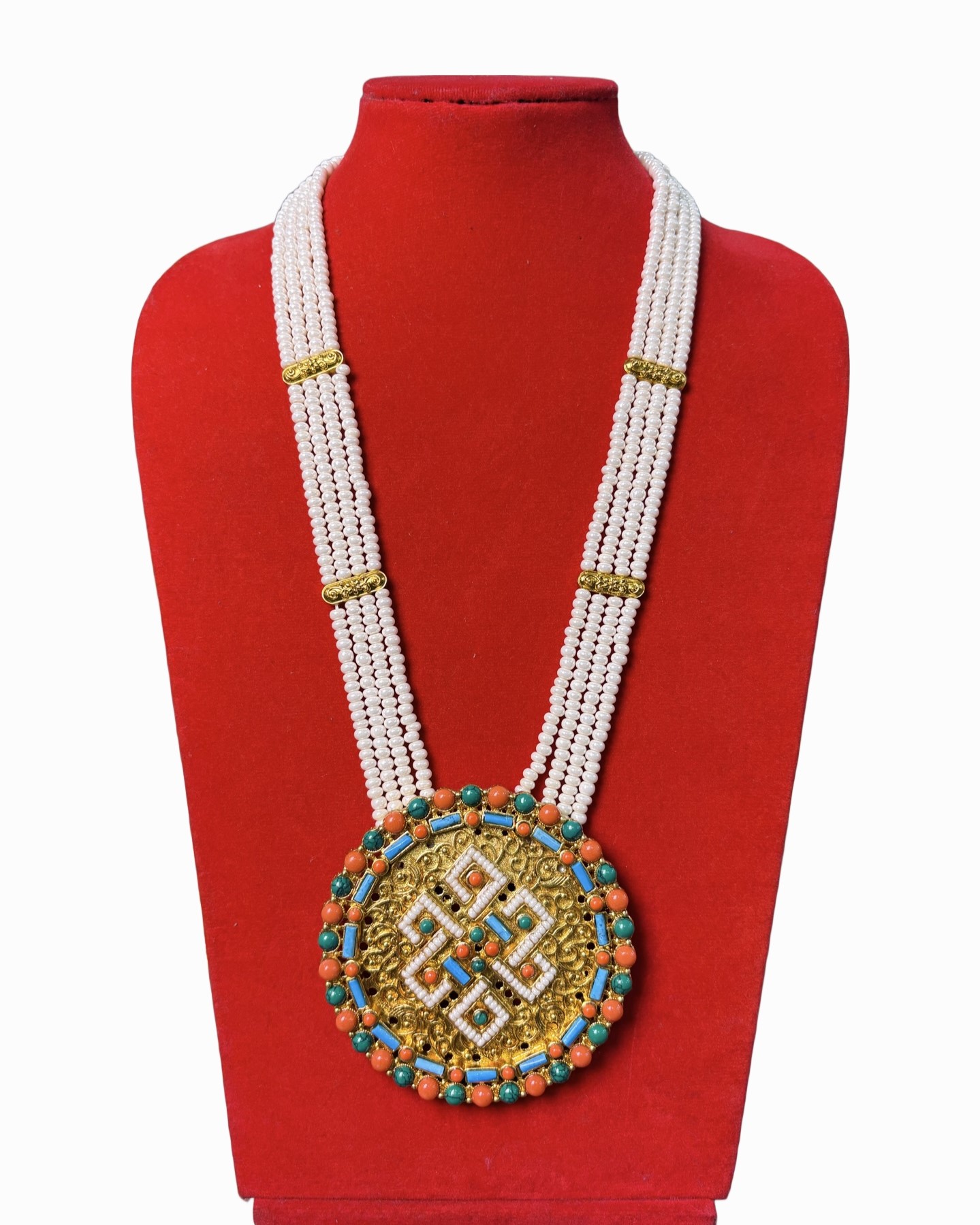 Traditional Gold & Pearl Gamala-Style Necklace with Turquoise and Coral Accents Traditional Gold & Pearl Gamala-Style Necklace with Turquoise and Coral Accents - Image 1