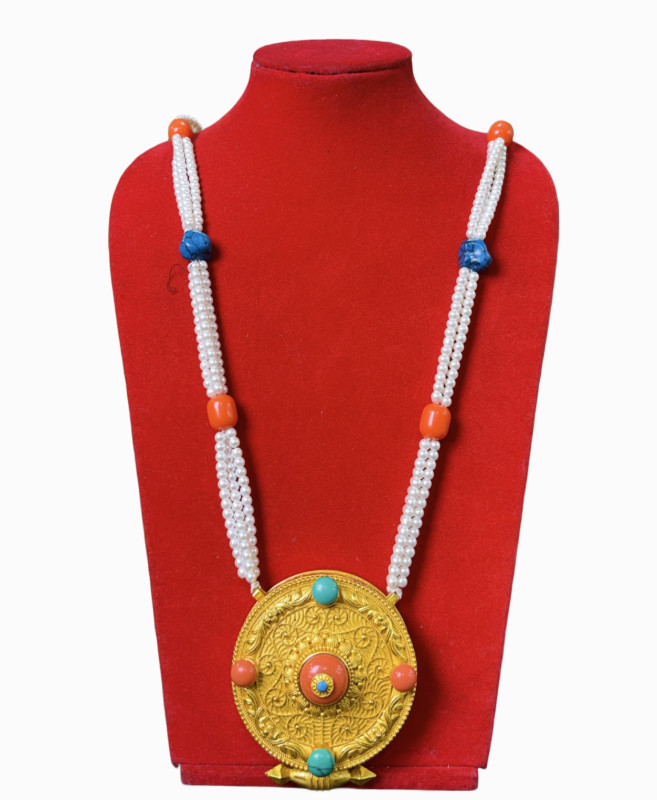 Traditional Gold-Plated Tibetan Ghau Locket Nepali Ghau Mala Necklace with Turquoise & Coral Stones Traditional Gold-Plated Tibetan Ghau Locket / Nepali Ghau Mala Necklace with Turquoise & Coral Stones - Image 1