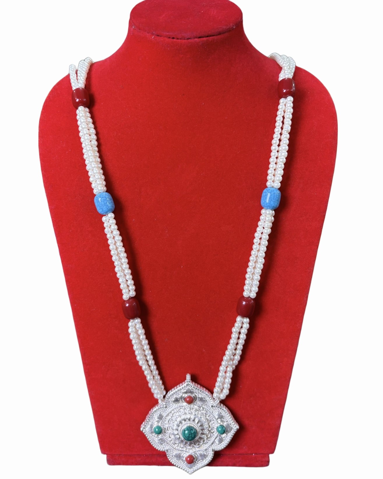 Traditional Nepali Pearl Necklace with Coral & Turquoise Beads – Peeru Mala Style Traditional Nepali Pearl Necklace with Coral & Turquoise Beads – Peeru Mala Style - Image 1