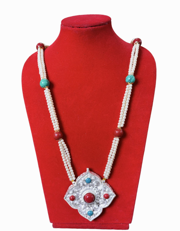 Traditional Nepali Tibetan Ghau Mala Necklace Faux Pearls with Turquoise & Coral-Colored Beads Handmade Buddhist Jewelry in Sliver Pendant Traditional Nepali Tibetan Ghau Mala Necklace | Faux Pearls with Turquoise & Coral-Colored Beads | Handmade Buddhist Jewelry in Sliver Pendant - Image 1