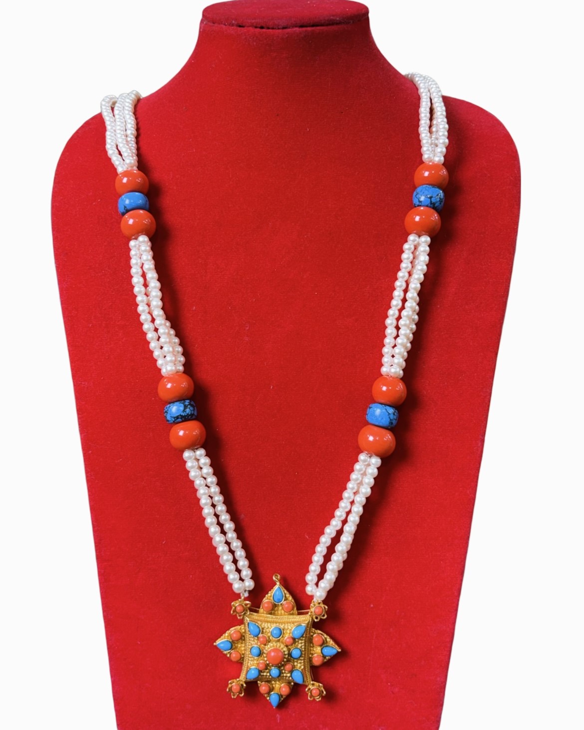 Traditional Nepali–Tibetan Ghau Mala Necklace with Pearl, Coral & Turquoise Beads Traditional Nepali–Tibetan Ghau Mala Necklace with Pearl, Coral & Turquoise Beads - Image 1