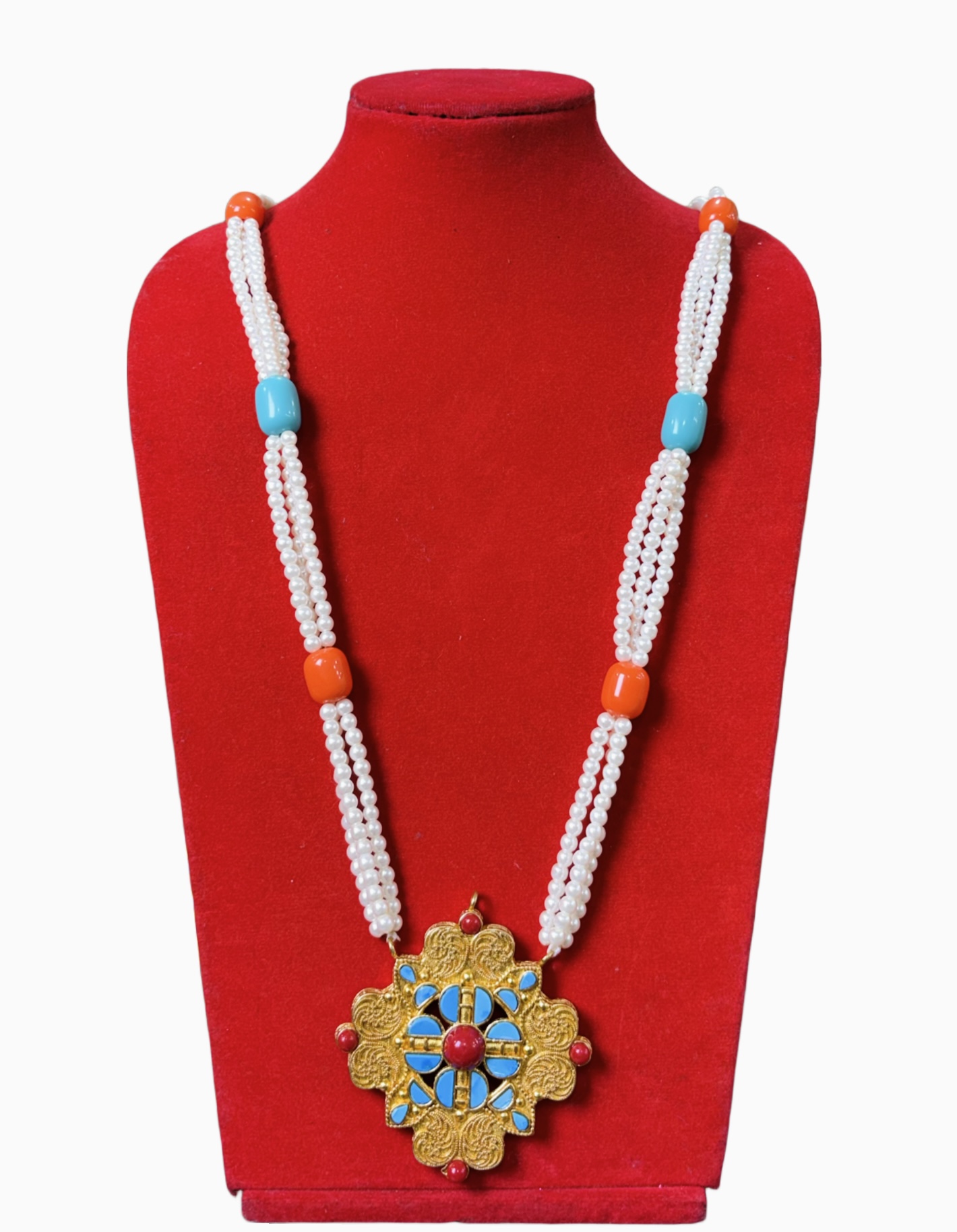 Traditional Tibetan Ghau Mala Necklace Gold Pendant with Natural Stones & Pearls Traditional Tibetan Ghau Mala Necklace | Gold Pendant with Natural Stones & Pearls - Image 1