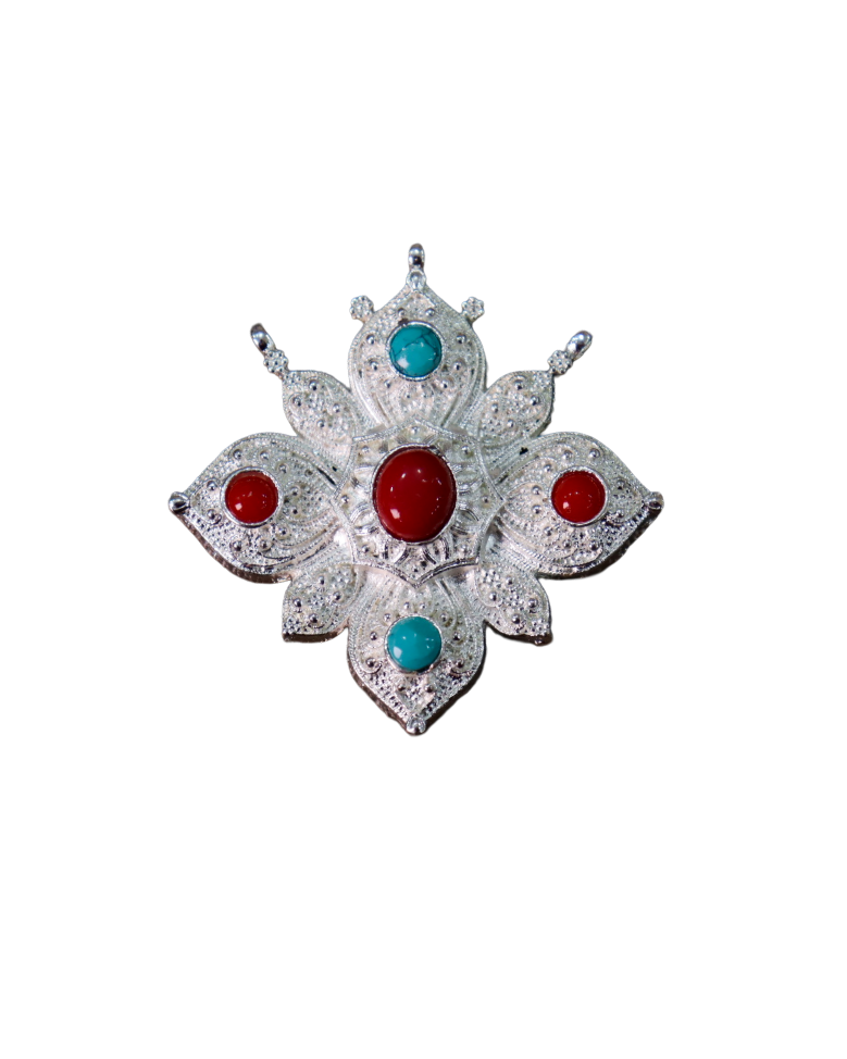 Traditional Tibetan Ghau Prayer Box Pendant – Silver Buddhist Amulet with Turquoise & Coral Inlay Traditional Tibetan Ghau Prayer Box Pendant – Silver Buddhist Amulet with Turquoise & Coral Inlay - Image 1
