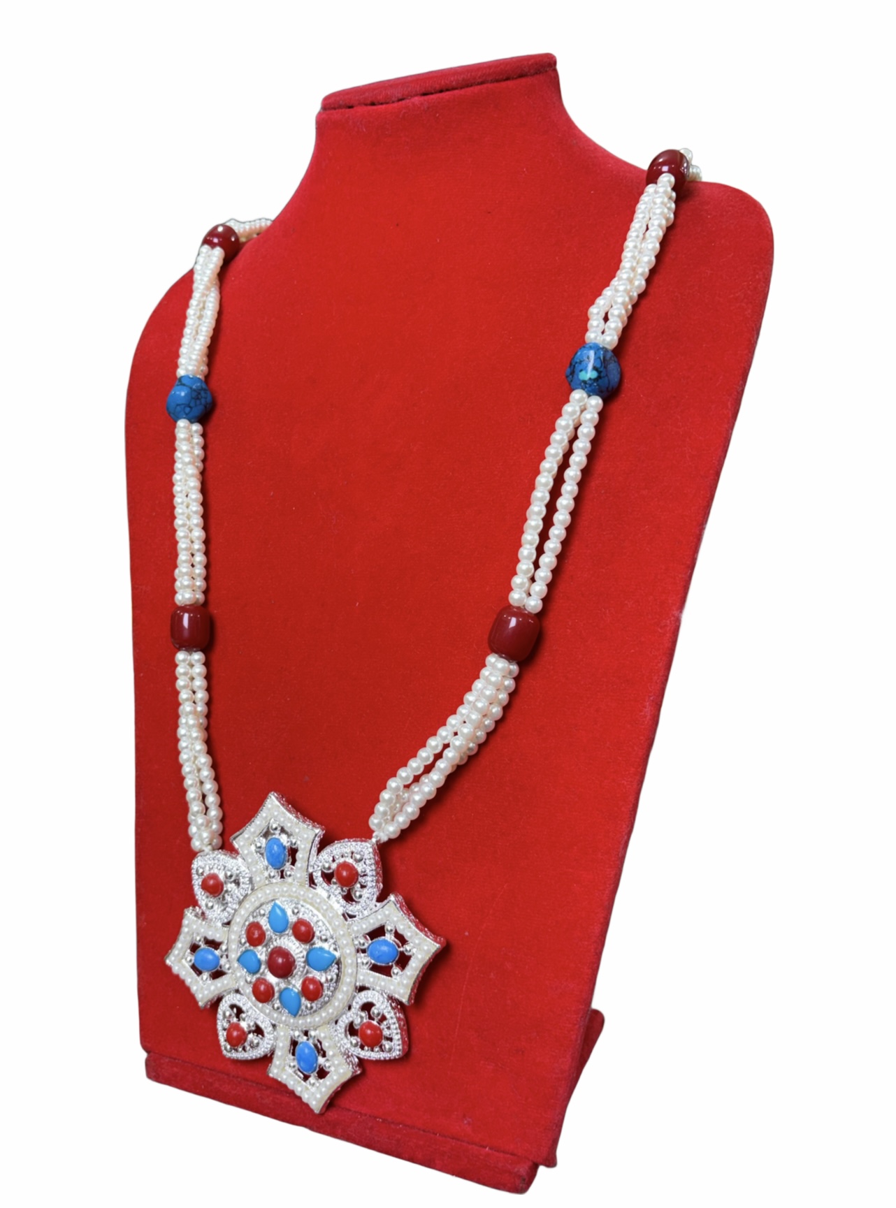 Traditional Tibetan-Style Ghau (Gau) Necklace Ornate Pendant with Coral, Turquoise & Pearl-Like Beads White Beaded Mala Traditional Tibetan-Style Ghau (Gau) Necklace | Ornate Pendant with Coral, Turquoise & Pearl-Like Beads | White Beaded Mala - Image 1
