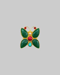 Vintage Butterfly Brooch Faux Jade Red Coral Turquoise Accents Gold Tone Statement Pin