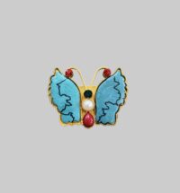 Vintage Butterfly Brooch | Turquoise Enamel, Faux Pearls & Red Crystal Rhinestones | Possibly Ciner Signed