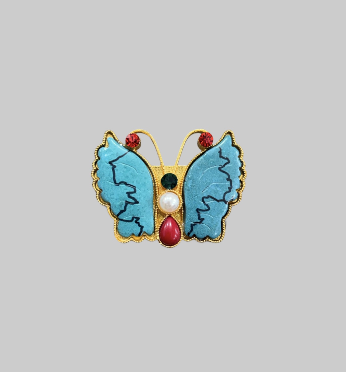 Vintage Butterfly Brooch Turquoise Enamel, Faux Pearls & Red Crystal Rhinestones Possibly Ciner Signed front Vintage Butterfly Brooch | Turquoise Enamel, Faux Pearls & Red Crystal Rhinestones | Possibly Ciner Signed - Image 1