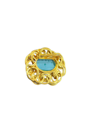 Vintage Chinese Art Deco Gold Vermeil Oval Turquoise Clip-On Brooch - Image 2