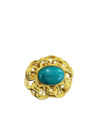 Vintage Chinese Art Deco Gold Vermeil Oval Turquoise Clip-On Brooch