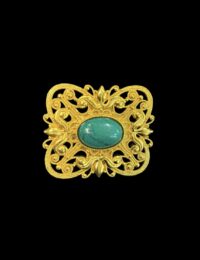 Vintage Chinese Art Deco Gold Vermeil Sterling Silver Filigree Brooch – Turquoise Cabochon