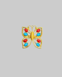 Vintage Crown Trifari Gold-Tone Butterfly Brooch with Teal & Orange Cabochons | Collectible Costume Jewelry