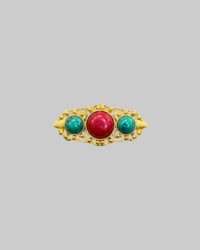 Vintage Czech Gold-Tone Brooch with Red Glass and Turquoise Cabochons