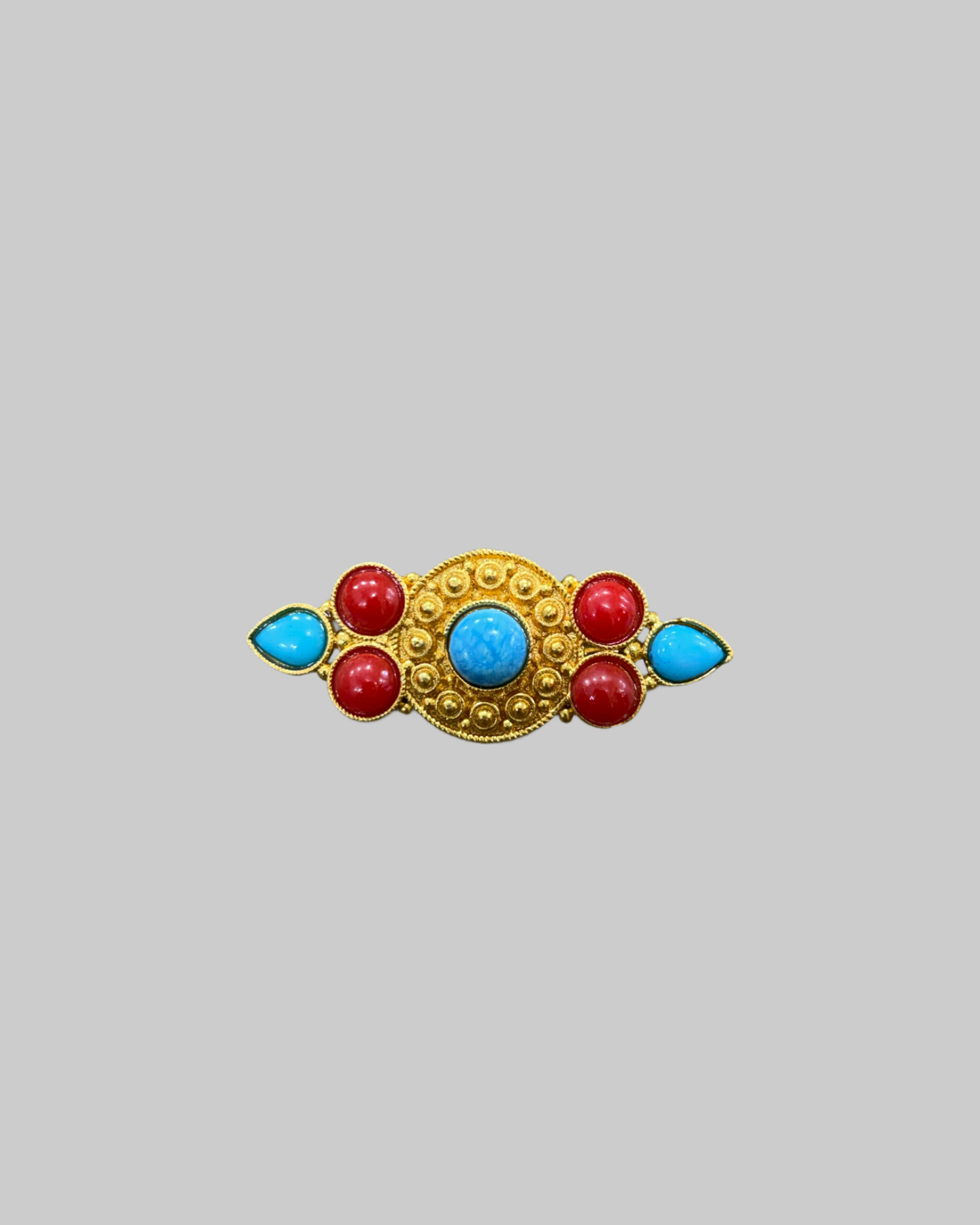 Vintage Egyptian-Style Brooch with Turquoise & Coral Stones in Gold-Tone front Vintage Egyptian-Style Brooch with Turquoise & Coral Stones in Gold-Tone - Image 1