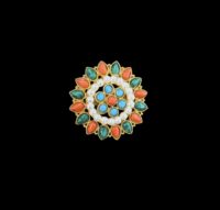Vintage Floral Glass Brooch – Faux Pearls with Coral, Turquoise & Green Accents