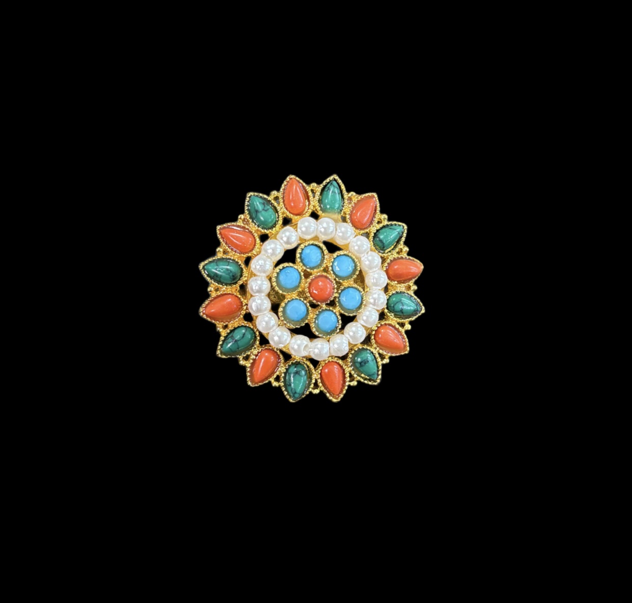 Vintage Floral Glass Brooch – Faux Pearls with Coral, Turquoise & Green Accents - Image 1