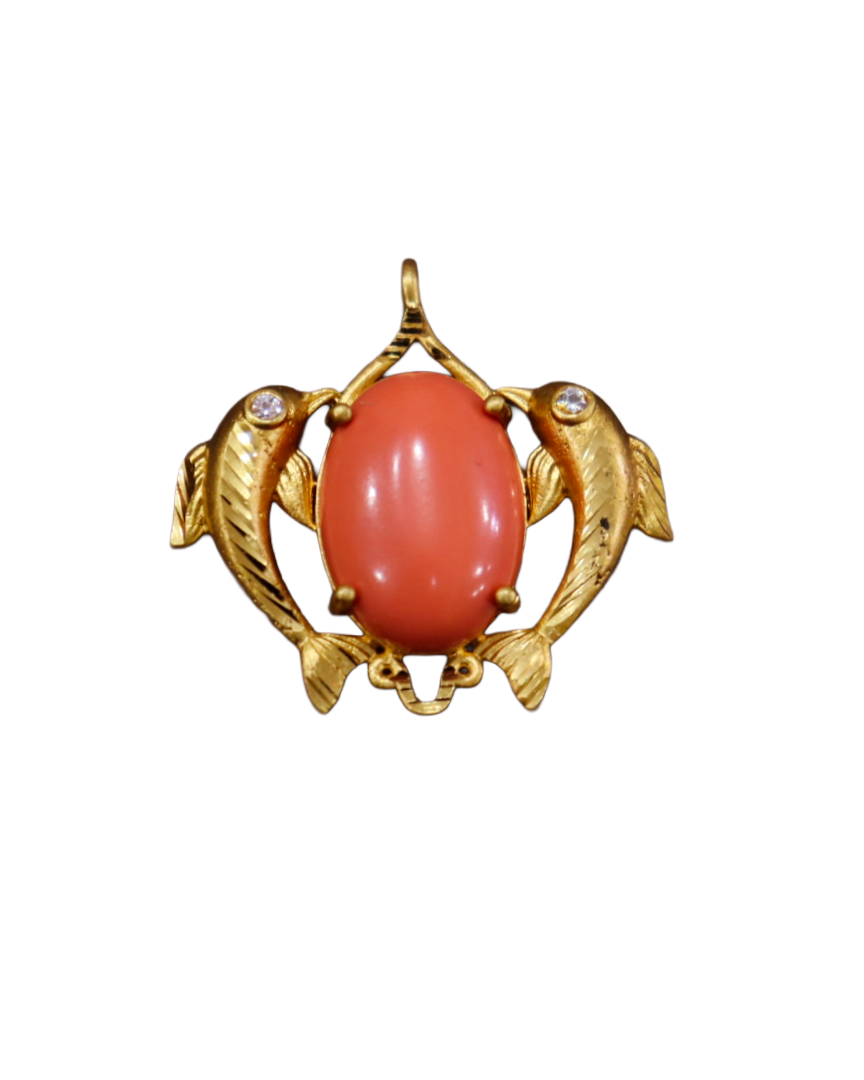 Vintage Gold Fish Pendant with Natural Coral Vintage Gold Fish Pendant with Natural Coral - Image 1