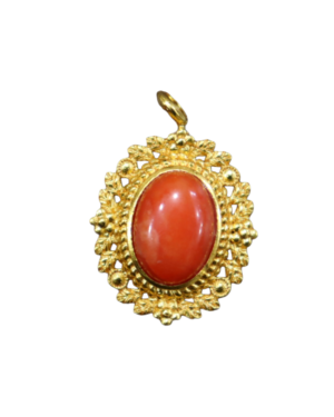 Vintage Gold Ornate Pendant with Red Coral Cabochon | Antique-Style Statement Jewelry - Image 2