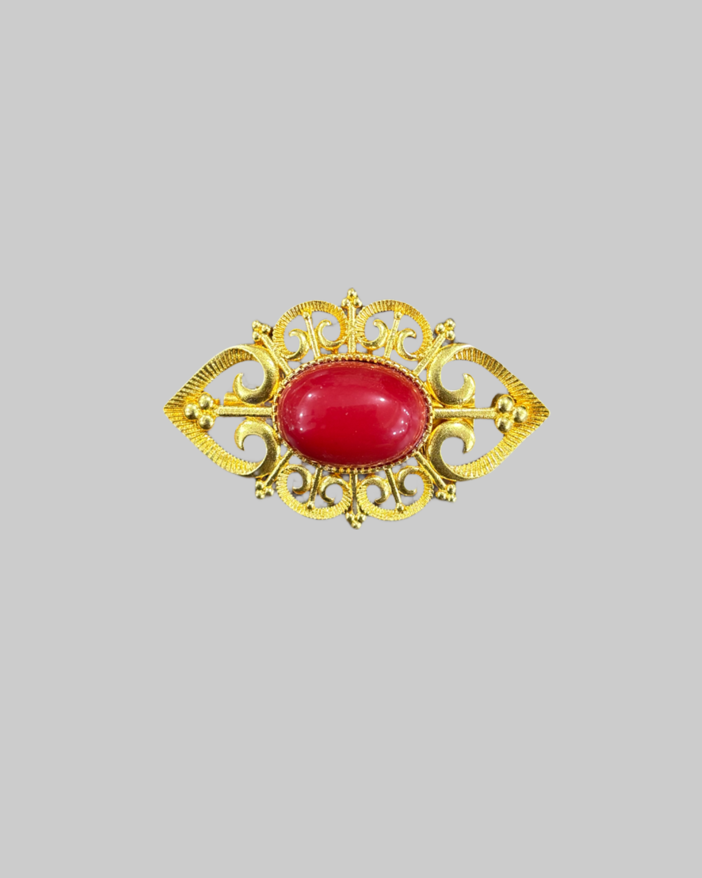 Vintage Gold-Tone Brooch with Red Cabochon Stone Center Classic Statement Pin front Vintage Gold-Tone Brooch with Red Cabochon Stone Center | Classic Statement Pin - Image 1
