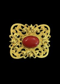 Vintage Gold-Tone Brooch – Red Cabochon Stone Pin – Mid-Century Costume Jewelry