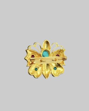 Vintage Gold-Tone Butterfly Brooch with Green Oval Cabochons & Red Rhinestone Eyes - Image 2