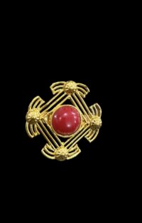 Vintage Gold-Tone Filigree Brooch with Red Cabochon – Statement Pin