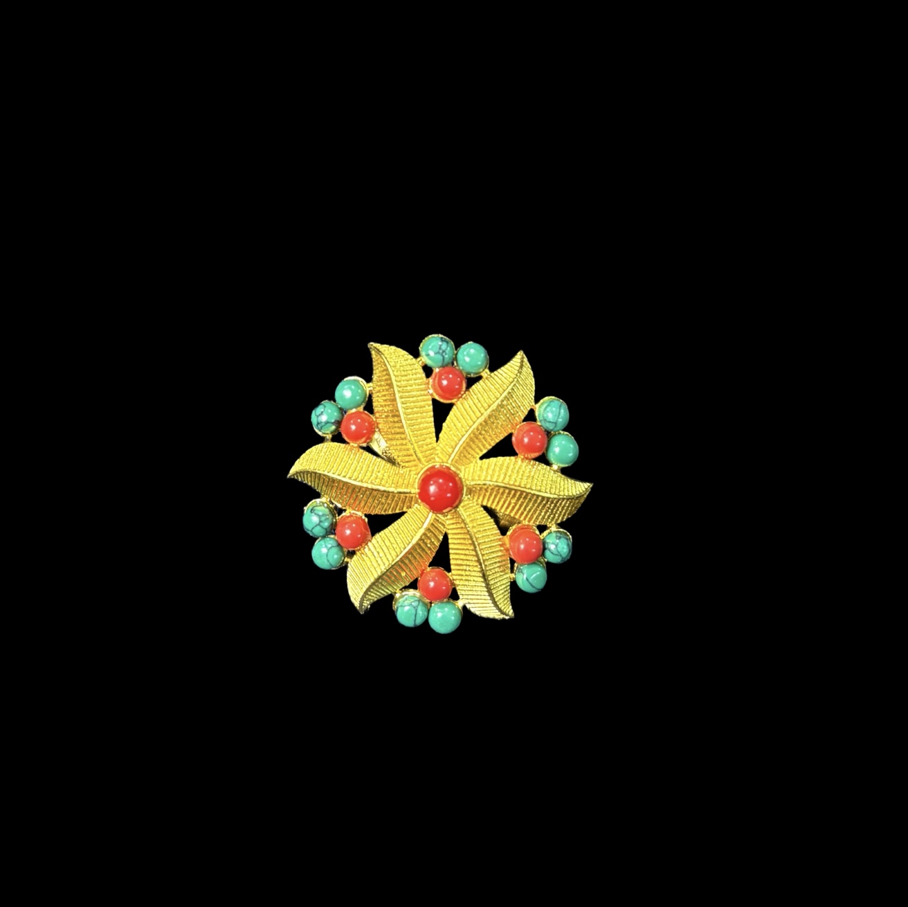 Vintage Gold-Tone Floral Brooch – Engraved Leaves with Red Coral & Turquoise Glass Cabochons - Image 1