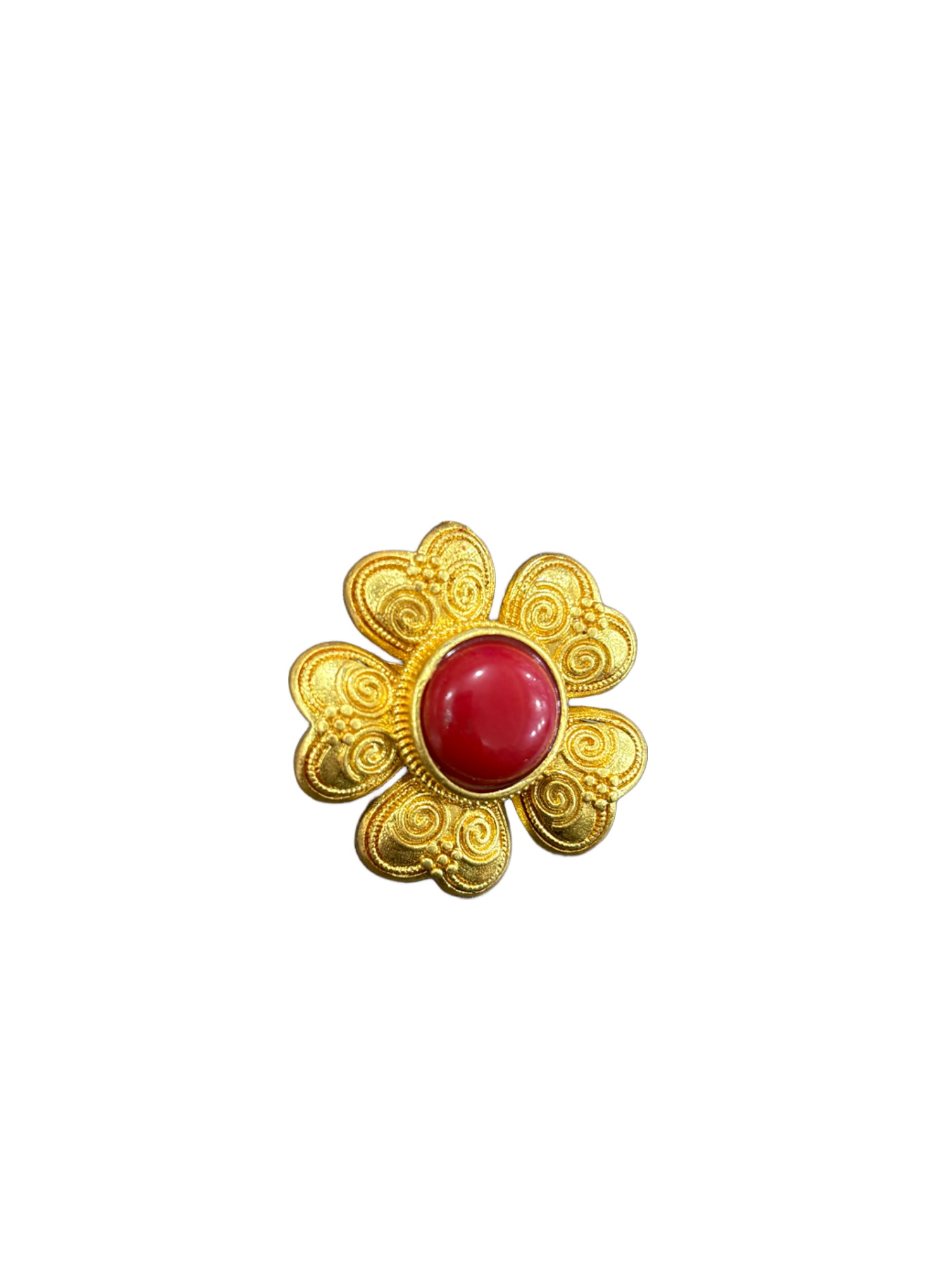 Vintage Gold-Tone Flower Brooch with Red Resin Center – Statement Pin front Vintage Gold-Tone Flower Brooch with Red Resin Center – Statement Pin - Image 1
