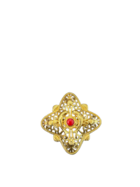 Vintage Gold-Tone Square Brooch with Red Gemstone Filigree