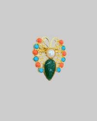 Vintage Gold-Tone Trifari "Jewels of India" Butterfly Brooch with Faux Jade, Pearl, Coral & Turquoise