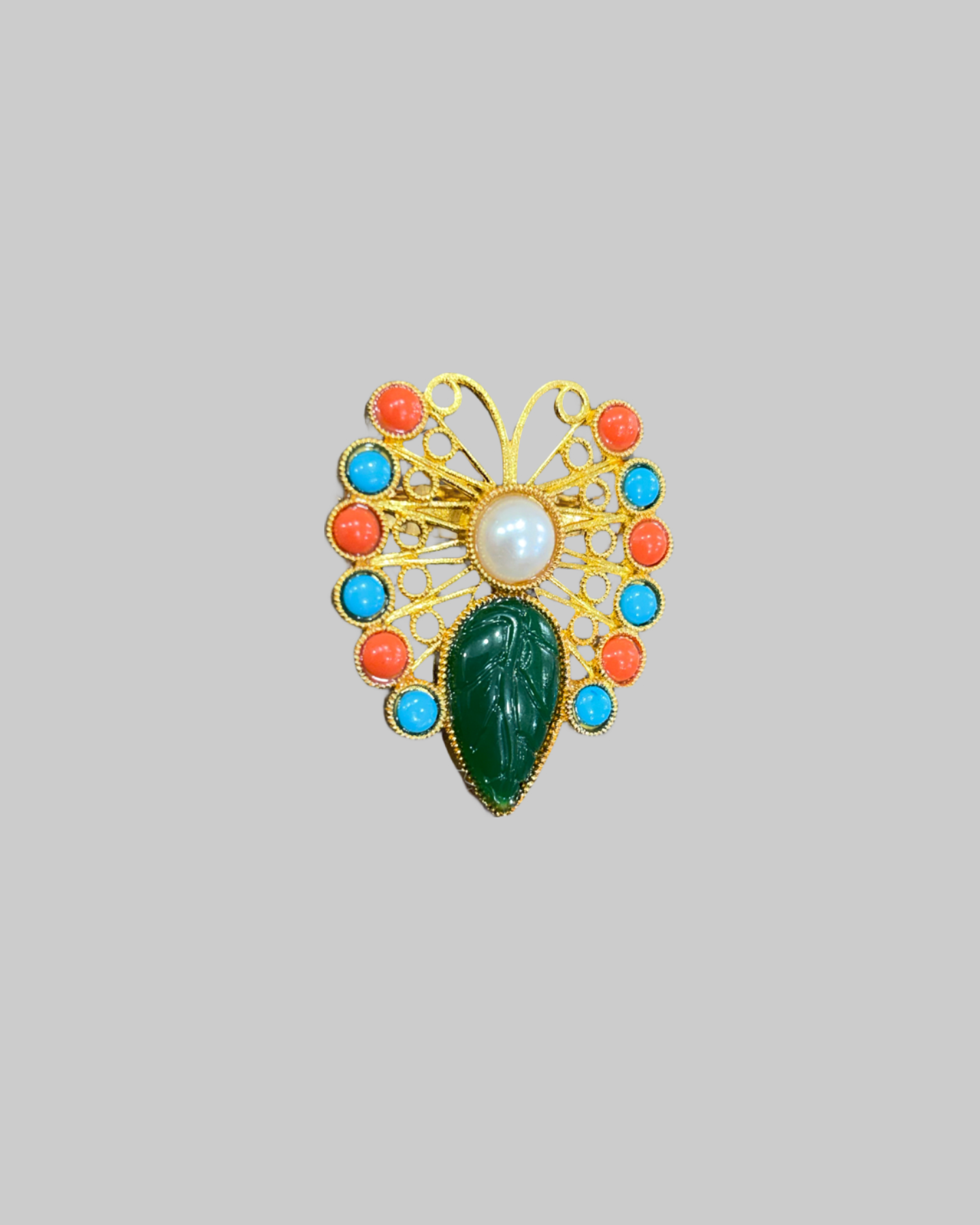 Vintage Gold-Tone Trifari Jewels of India Butterfly Brooch with Faux Jade, Pearl, Coral & Turquoise front Vintage Gold-Tone Trifari "Jewels of India" Butterfly Brooch with Faux Jade, Pearl, Coral & Turquoise - Image 1