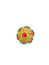 Vintage Gold-Toned Filigree Brooch with Red Cabochon & Beads