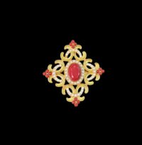 Vintage-Inspired Baroque Cross Brooch Pin – Gold-Tone with Red Cabochon & Faux Pearl Accents